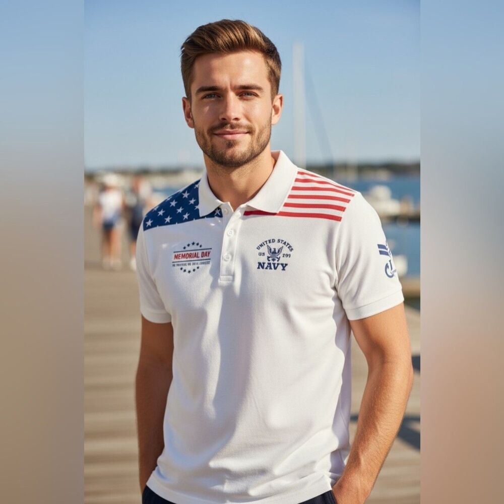 United States Navy Memorial Day American Flag Patriotic Polo Shirt Mens Large